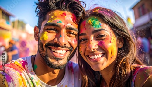 Close-up portrait of a joyful couple covered in vibrant Holi colors, radiating happiness and celebration in a festive outdoor setting.