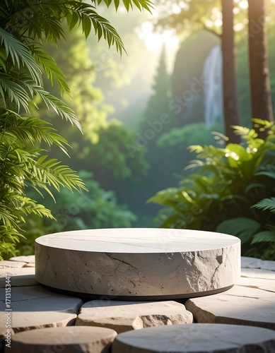 A circular, light gray stone pedestal stands in a lush, tranquil garden setting, bathed in natural sunlight.