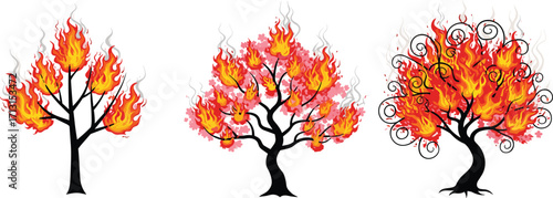 Burning tree illustration, fire disaster artwork, cherry blossom tree on fire, environmental destruction art, surreal forest fire design, nature tragedy illustration
