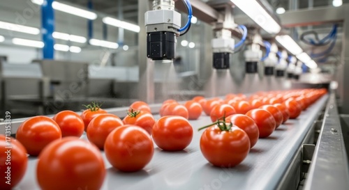 Tomatoes on a conveyor belt in a food processing plant, being sprayed with water for cleaning or preservation