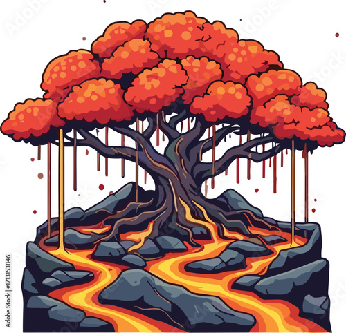 Fantasy lava tree illustration, glowing foliage artwork, surreal volcanic tree design, dramatic nature drawing, creative fiery landscape art, mystical autumn tree flat vector