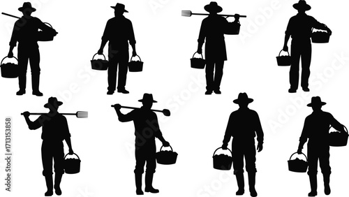 Farmers silhouettes with baskets, rural workers illustration, agriculture tools concept, harvest season design, farming lifestyle, traditional labor, countryside economy, food production, cultivation