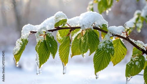 Frozen leaves adorned with snow and icicles, showcasing a winter's delicate beauty.