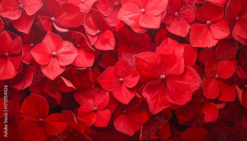 A close-up view of a vibrant display of deep red flowers, showcasing intricate details of the petals and centers.