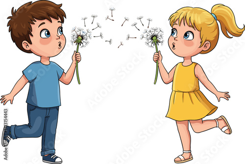 Cartoon boy and girl blowing dandelion flowers, children outdoor activity, fun nature play, spring illustration, kids enjoying fresh air, happiness