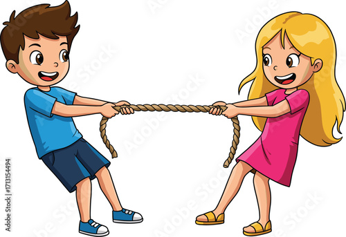 Cartoon boy and girl playing tug of war with rope, children competition, outdoor activity, teamwork, fun game, strength challenge illustration