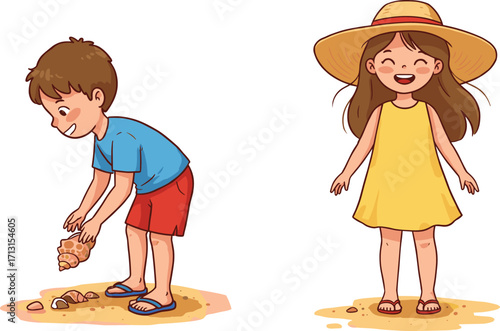 Cartoon boy collecting seashells, happy girl wearing summer hat, kids enjoying beach holiday, seaside fun, playful childhood illustration, summer vacation activity