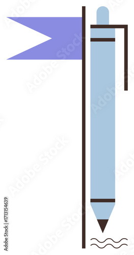 Blue pen with top clip, angled purple flag, and wavy line. Ideal for writing, education, creativity, communication, inspiration marking and minimalism. Simple flat metaphor
