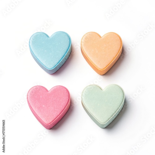 Four colorful candy hearts isolated on white background for valentines day