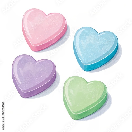 Four colorful candy hearts isolated on white background for valentines day