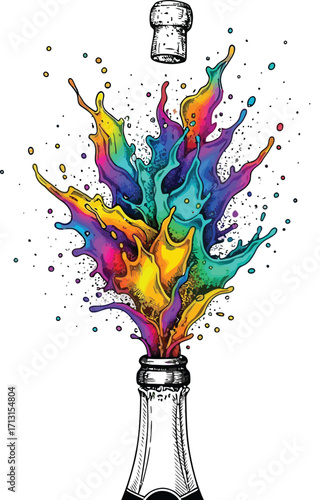 Colorful splash of champagne bottle. Champagne bottle mid-pop explosion with  cork suspended in midair, molten gold, electric teal, and cosmic violet and glittering bubbles