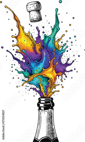 Colorful splash of champagne bottle. Champagne bottle mid-pop explosion with  cork suspended in midair, molten gold, electric teal, and cosmic violet and glittering bubbles