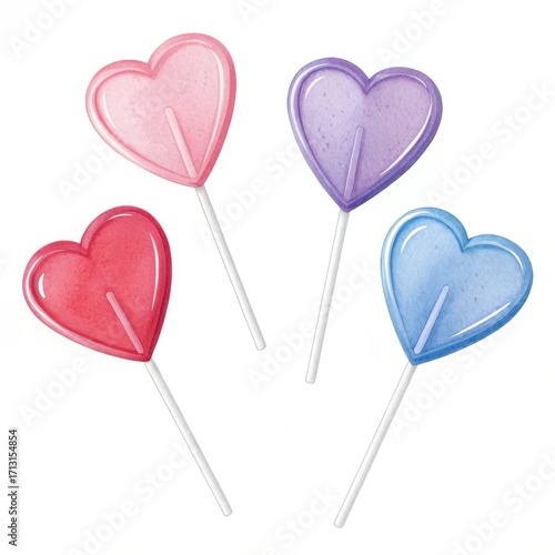 Watercolor heart lollipops isolated on white background for valentines day