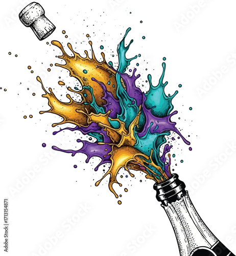 Colorful splash of champagne bottle. Champagne bottle mid-pop explosion with  cork suspended in midair, molten gold, electric teal, and cosmic violet and glittering bubbles