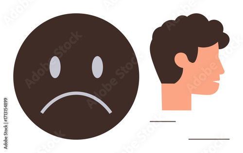 Side profile of a man next to a dark frowning face. Ideal for emotional health, mental health awareness, sadness, stress, unhappiness, depression, human connection, simple flat metaphor