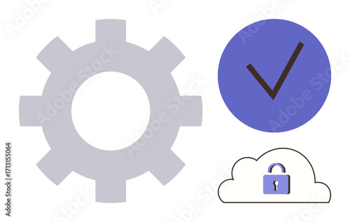 Gear symbolizing process, checkmark for approval, and cloud with lock represent security, efficiency, and data integrity. Ideal for technology, process optimization, cybersecurity, cloud storage IT