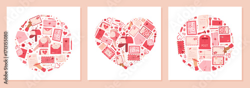Heart mail concept in flat cartoon shape style. Card, envelope, note and message with stamp and postbox for love theme. Creative holiday correspondence, cute pink red elements, romantic stationery,
