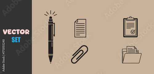 Hand drawn vector set of office and school supplies on a beige background