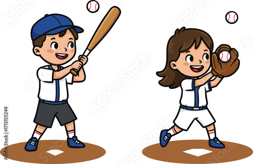 Cartoon children playing baseball, boy holding bat ready to hit, girl catching ball with glove, sports teamwork, fun outdoor game illustration