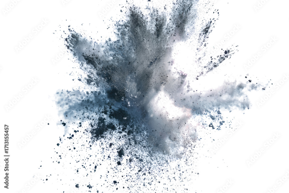 Obraz premium A dynamic explosion of dark grey and white powder against a stark white background, creating a sense of energy and motion.
