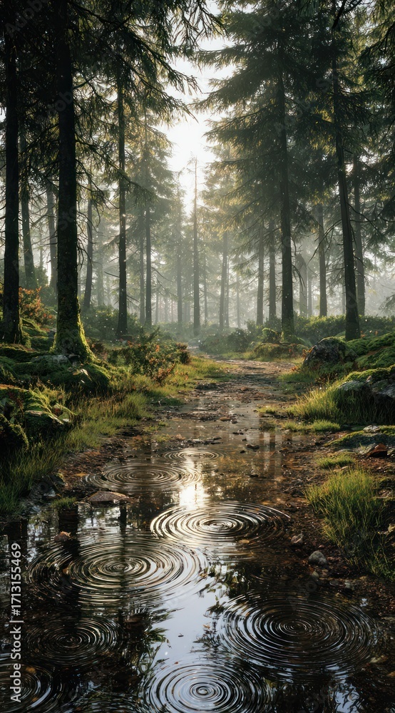Obraz premium Forest path with rain reflections