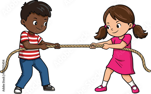 Cartoon children playing tug of war, boy and girl holding rope, kids competition, outdoor activity, teamwork, fun game, childhood sport