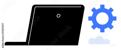 Black laptop icon with blue gear and cloud pictograms. Ideal for technology, settings, cloud computing, system optimization, IT solutions, software development, digital tools. Simple flat metaphor