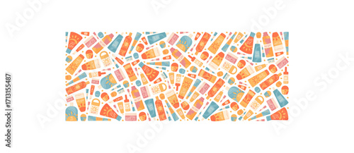Flat sunscreen sticker banner design. Sunblock SPF bottle, cream tube and lotion container in concept pattern. Sun, flat tube, sticker bottle shapes for cosmetic sunscreen care.