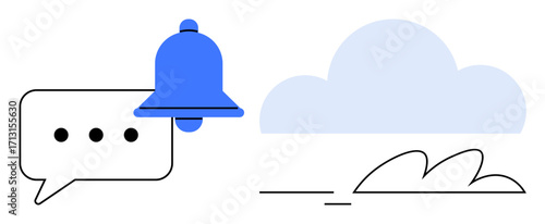 Chat bubble with three dots and blue notification bell beside a cloud and minimal line details. Ideal for communication, cloud storage, messaging, updates, alerts, notifications, minimalism. A simple