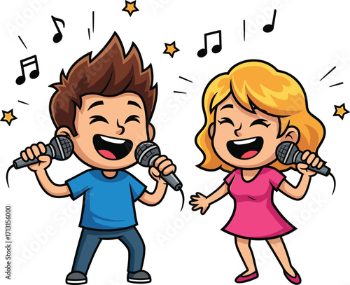 Cartoon children singing with microphones, happy boy and girl performing music together, fun kids karaoke illustration, joyful duet vector art design