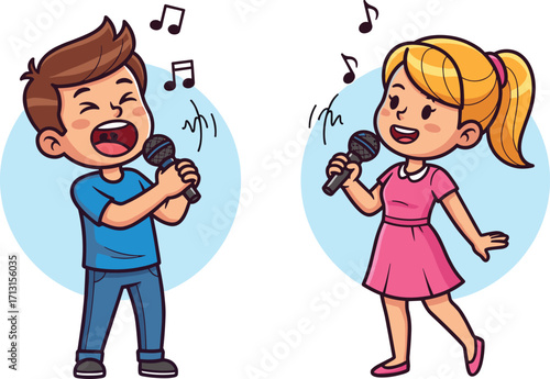 Cartoon children singing with microphones, happy boy and girl performing music, kids illustration, joyful duet, fun karaoke vector art design