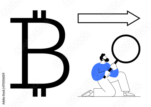 Large Bitcoin symbol, kneeling person holding magnifying glass, forward arrow suggesting progress. Ideal for cryptocurrency, finance, investment analysis, innovation, blockchain, research simple
