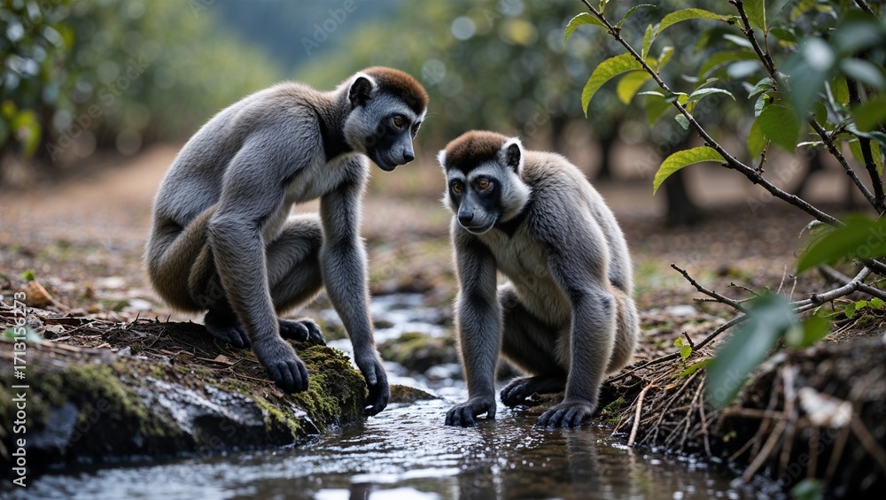 Obraz premium Black-footed gray langur drinking near small stream at edge of orchard