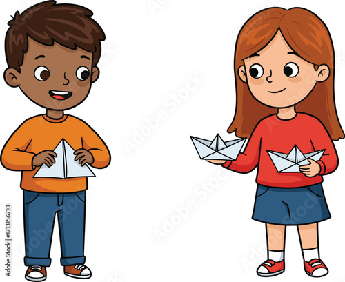 Cartoon illustration of happy boy and girl making paper boats, children playing together, creative kids activity, childhood fun, vector art