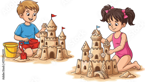 Cartoon illustration of happy boy and girl playing on beach, building detailed sandcastle with bucket, shovel, seashells, summer holiday fun