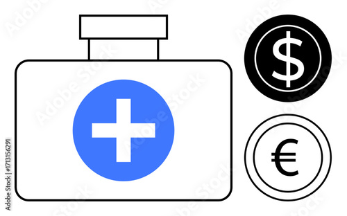 First aid box with a cross icon, accompanied by dollar and euro currency symbols. Ideal for healthcare, finance, insurance, cost management, funding, medical aid and global economics. A simple flat