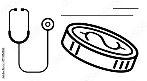 Stethoscope placed next to a coin with a dollar sign, symbolizing healthcare and financial considerations. Ideal for health insurance, budgeting, medical costs, policy, savings, research, simple flat
