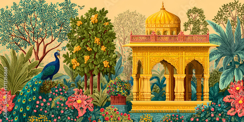 Royal Garden: A radiant illustration captures the splendor of an Indian garden, with intricate architectural detail and lush vegetation.