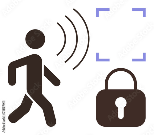 Person emitting waves walking toward biometric sensor for secure access. Ideal for security, biometrics, technology, privacy, data protection, smart systems, innovation. Simple flat metaphor