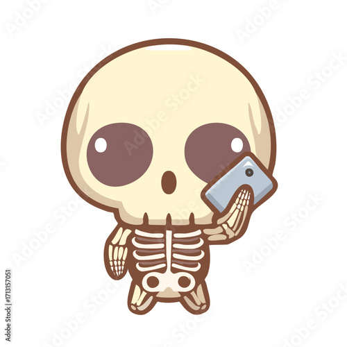 A charming cartoon skeleton is taking a selfie with its phone, exuding a playful and modern vibe. Its wide eyes and open mouth add to its surprised expression