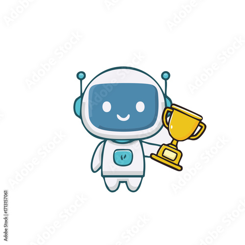 A cute cartoon robot holding a golden trophy, symbolizing achievement and success