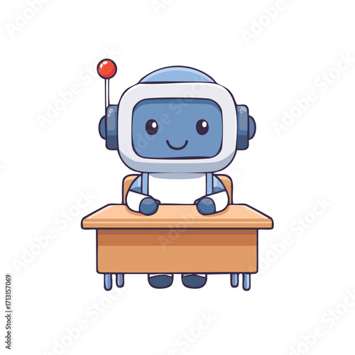 A cute cartoon robot is sitting at a wooden desk, smiling with its big eyes and antenna
