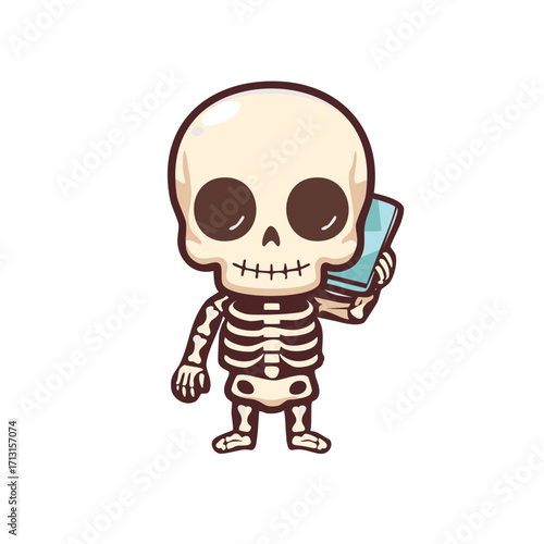 A cartoon skeleton is holding a book. It has a cute, friendly appearance. 