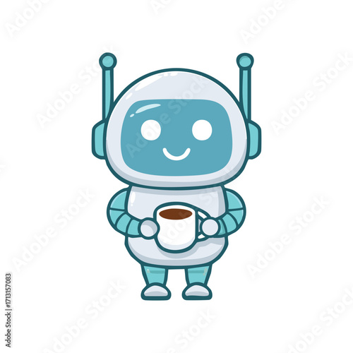 A cute robot holding a mug with a cup of coffee, representing the combination of technology and a break time
