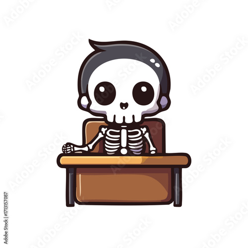 A cute skeleton cartoon sitting at a desk, symbolizing education and learning. It is a fun and quirky illustration