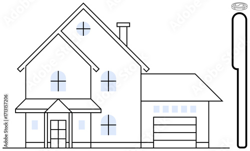 Large contemporary house with garage, windows, and chimney next to a coin and pipe suggesting savings, investment, or budgeting. Ideal for real estate, finance, architecture, housing mortgage