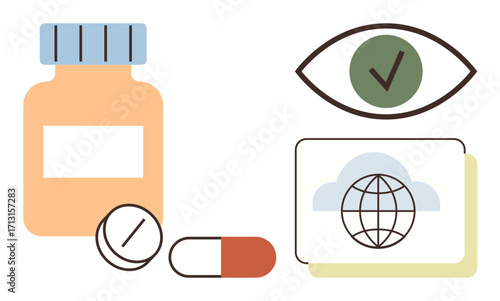 Medicine bottle, pills, capsule, eye with checkmark, and global element highlighting health, compliance, medication management, healthcare system, pharmaceutical industry digital health simple flat