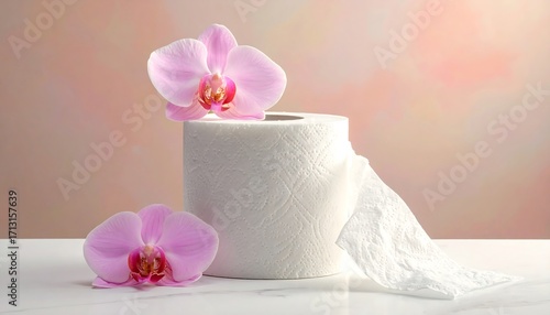 Delicate pink orchids elegantly positioned beside a roll of white toilet paper, creating a serene and subtly contrasting visual narrative.