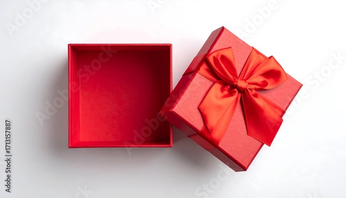 An open, vibrant red gift box with a polished finish and a red ribbon bow sits on a white background, showcasing its empty interior.