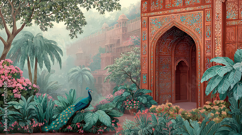Enchanted royal Indian garden with a beautiful peacock resting amidst lush tropical foliage and an ancient palace archway